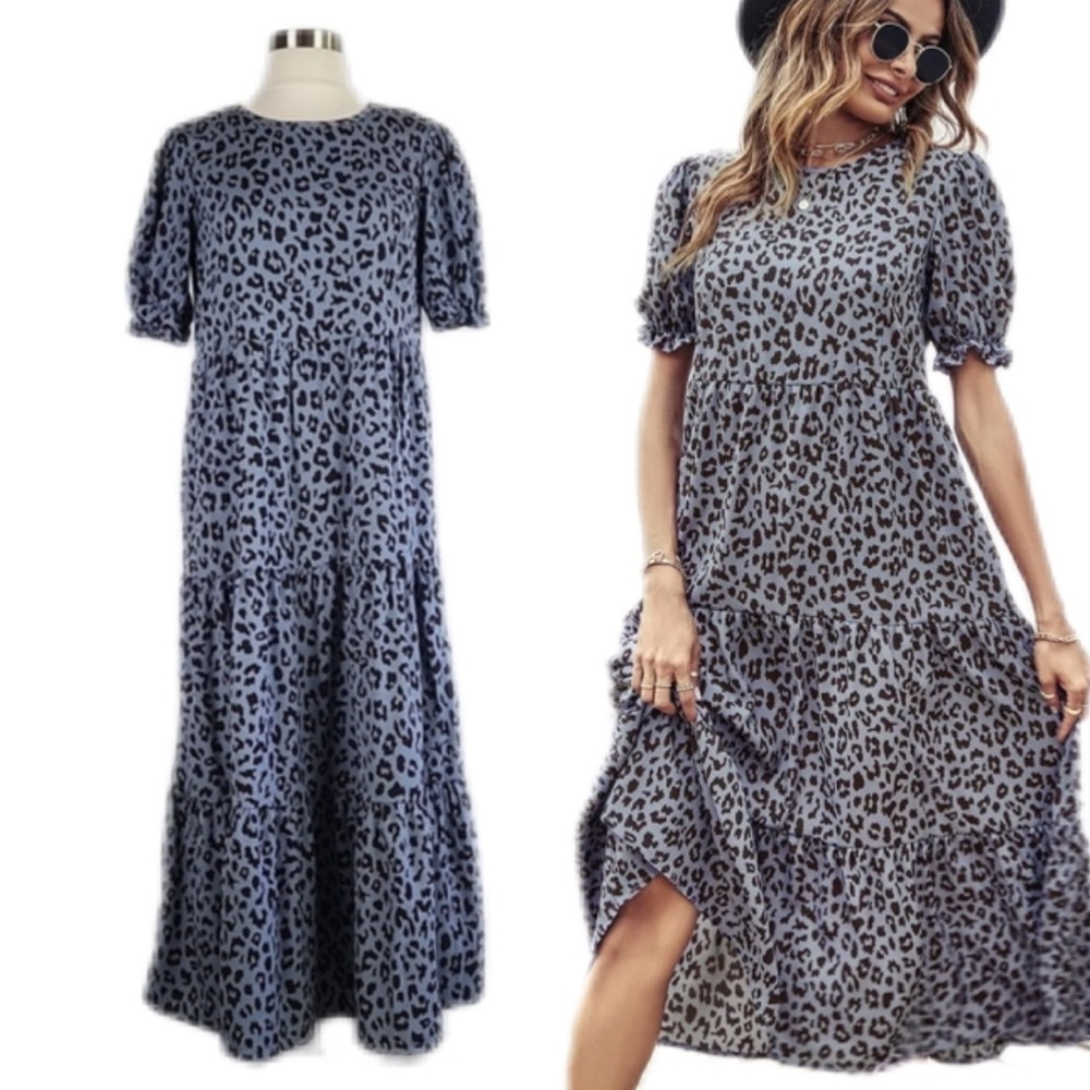 Prettygarden Leopard Print Tiered Puff Sleeve Midi Dress S